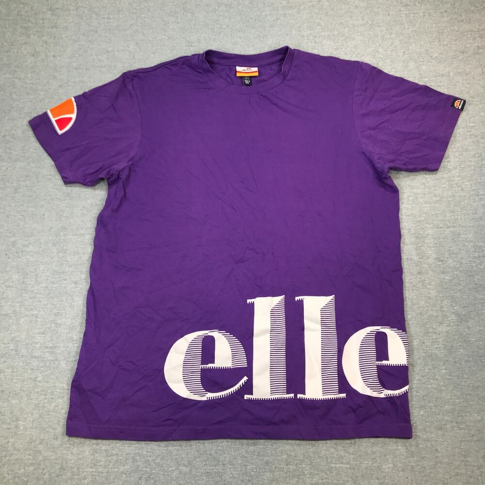 Ellesse Women's Large T-Shirt Purple White Spellout Logo Cotton SS Flaw E14